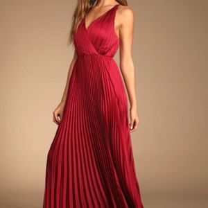 Lulus Formal Maxi Dress/Gown - Wine Red Pleated Satin - Size S
